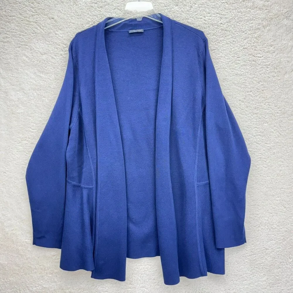 Eileen Fisher Knit Cardigan Womens Large Navy Blue Open Front Long Sleeves - Picture 3 of 8